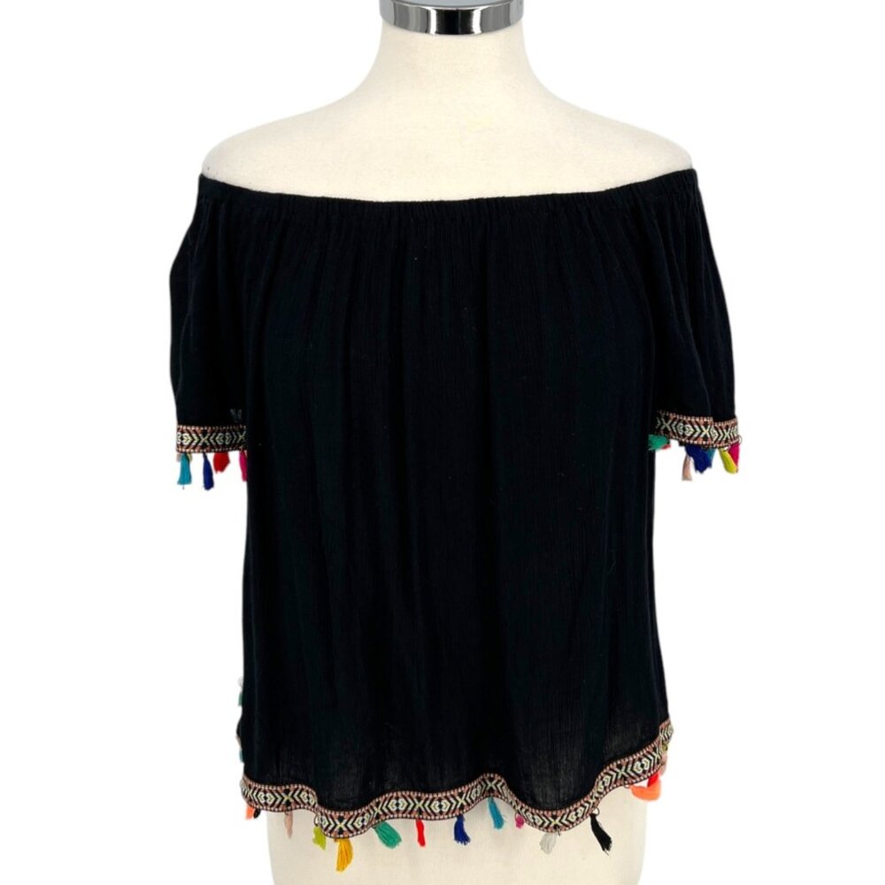 Speed Limit Off-The-Shoulder Black Blouse Multicolor Tassels Size XL